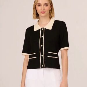 Adrianna Papell Black & Cream Short Sleeve Knit Cardigan